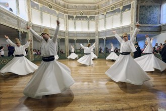 Dancing dervishes, dervish dance Sema, Mevlevihanesi Muezesi at Istiklal Caddesi, Istanbul,