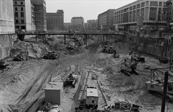 Excavation pit in spring 1993 in Friedrichstrasse, Mitte district, Berlin, Germany, Europe