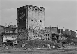 Former GDR watchtower after the fall of the Wall between the city railway and the Spree, Mitte