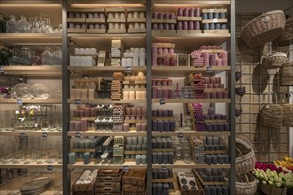 Shelves with scented candles, Bavaria, Germany, Europe
