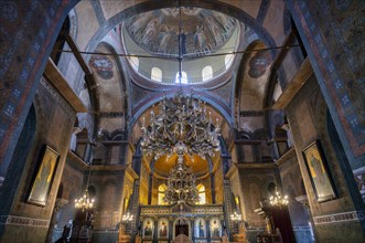 Interior view of Hagia Sofia church, also known as Agia Sofia, dome, altar, chandelier,