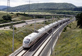 An ICE T on the high-speed line for ICE trains near Ichtershausen. The new Leipzig Erfurt line is a