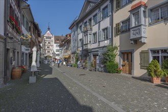 Stein am Rhein, historic old town, lower town with town gate, half-timbered houses, oriel, Canton