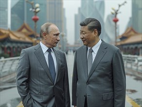 Russian President Vladimir Putin stands with General Secretary of China Xi Jinping, ai generated,