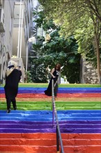 Tourists, painted staircase in rainbow colours, Istanbul, European part, Istanbul province, Turkey,