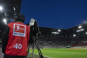 WWK Arena, FC Augsburg FCA, interior, TV camera, logo, Bundesliga, bib, red, blue hour, Augsburg,