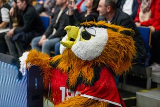 18.02.2024, Friedrich-Ebert-Halle Ludwigshafen: The owl, the mascot of the second-division handball