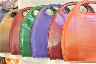 Colourful handbags, leather goods, Siena, Tuscany, Italy, Europe