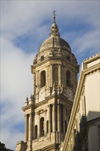 Bell tower Baroque architecture exterior of the cathedral church of Malaga city, Spain, Santa