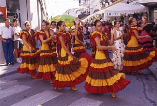 Girls from flamenco school perform at street party in Velez-Malaga, Andalusia, Spain, Southern