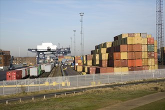 Rail freight terminal and containers, Port of Felixstowe, Suffolk, England, United Kingdom, Europe