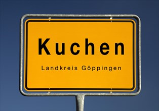 Town sign Kuchen, municipality in the district of Goeppingen, Baden-Wuerttemberg, Germany, Europe