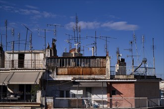 Residential buildings, antenna forest, roofs, roof terraces, roof antennas, Leonida Iasonidou