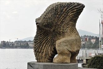 Homme Poisson Volant, sculpture by Gaspard Delachaux, 1985, Montreux, Lake Geneva, Canton of Vaud,
