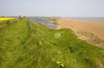 Shingle beach bar and lagoon formed by north to south longshore drift at Bawdsey, Suffolk, England,