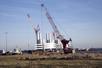 Cranes and wind turbine components, Outer Harbour, Port of Great Yarmouth, England, United Kingdom,