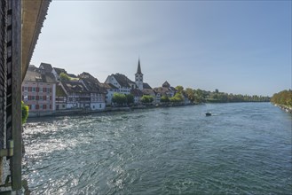 Border town of Dissenhofen on the Rhine, wooden bridge, townscape, Church of St Dionys, Frauenfeld