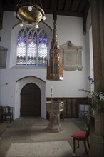 Elaborate christening cover and font, St. Mary's Parish Church, Woodbridge, Suffolk, England,