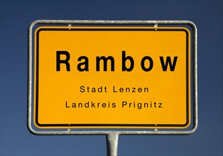 Town sign Rambow, town of Lenzen, district of Prignitz, Brandenburg, Germany, Europe