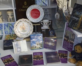 Shop window display of pottery and music DVDs from King's College, Cambridge, England, United