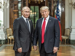 Russian President Vladimir Putin stands with USA President Donald Trump. AI generated
