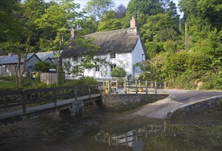 Pretty traditional thatched cottages in the village of Helford village, Cornwall, England, United