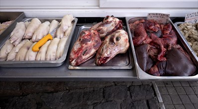 Display of fresh meat, butchery, sheep heads, offal, food, Kapani market, Vlali, Thessaloniki,