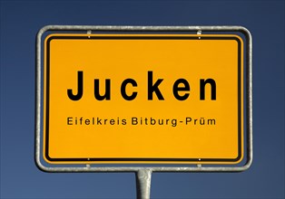 Place name sign Jucken, municipality in the Eifel district of Bitburg-Pruem, Rhineland-Palatinate,