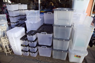 Pile plastic storage boxes
