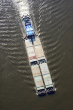 Aerial photo, pushed convoy, pushed barge. barge, lighter, Elbe, transport, ship, Elbe, Hamburg,