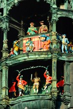 Clock tower chimes, carillon of the new town hall at Marienplatz, Mary's square, Munich, Bavaria,