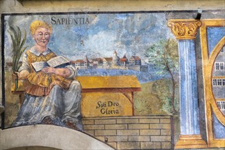 Stein am Rhein, historic old town, mural painting, Sapientia the wisdom, Latin inscription, Soli