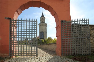View through archway and metal lattice to witch tower from castle, through, landmark, Idstein,