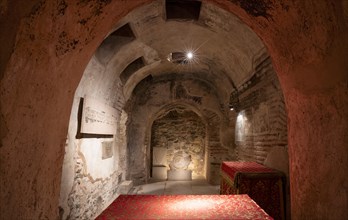 Interior view of the crypt, remains of the Roman baths, Hagios Demetrios church, also known as