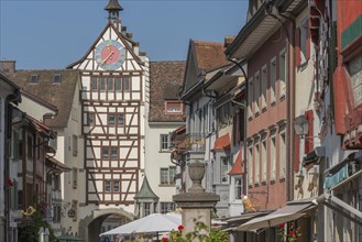 Stein am Rhein, historic old town, town gate, half-timbered house, tower clock, bell tower, Canton