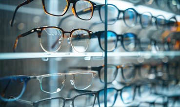 Row of eyeglasses displayed on transparent shelves in an optical store AI generated