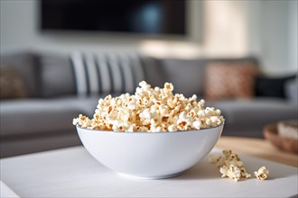 Snack bowl with popcorn on coffee table in living room. KI generiert, generiert AI generated