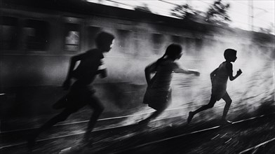 Children running beside a train in motion, depicted in a dynamic black and white scene, AI