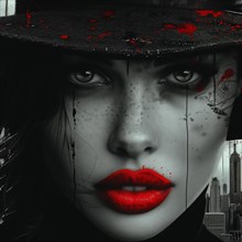 Mystery woman in black and white with red splatter effect, half-hidden face, AI Generated, AI