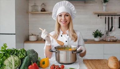 AI generated, An attractive blonde cook in the kitchen of a hotel tastes a vegetable soup