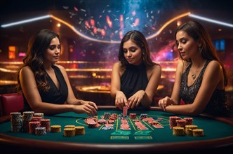 Three elegant women focused on a tense game of poker at a casino, AI generated