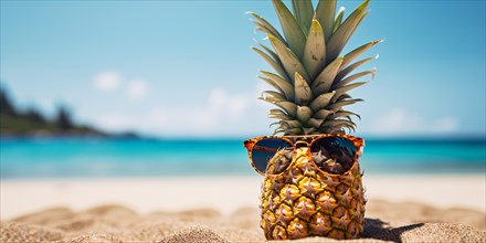 Funny pineapple fruit with cool sunglasses at beach with ocean in blurry background. KI generiert,