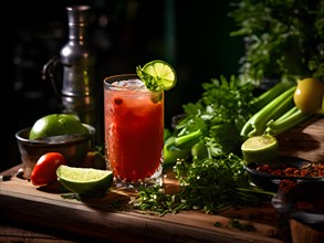 Bloody mary boasting a spicy profile accented with celery and olives, AI generated