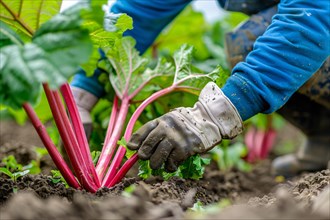 Worker harvesting ripe rhubarb vegetables in agricultural field. KI generiert, generiert AI