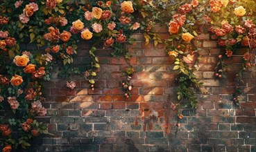 Warm sunlight illuminates a brick wall entwined with orange roses and green vines AI generated