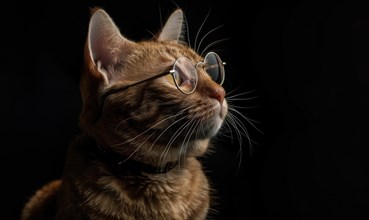 A thoughtful cat with glasses on looking up against a black background AI generated