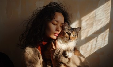 Sunlight embraces a woman and her cat in a warm, tranquil scene AI generated