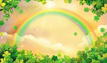 Cheerful illustrated scene with clovers, a vibrant rainbow, sparkling effects, and fluffy clouds AI