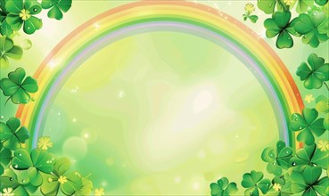 A soft pastel background with a rainbow, shamrocks, and magical light effects AI generated