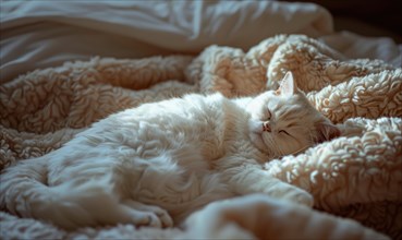 A fluffy white cat peacefully sleeps in a comfortable bed AI generated